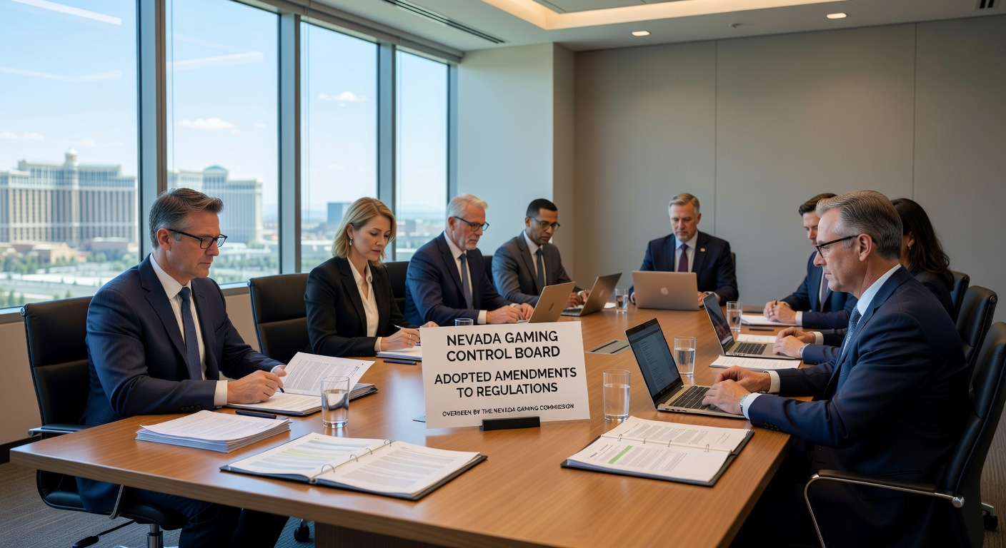 Close-up of regulatory documents and Nevada Gaming Control Board seal, representing the adoption of new amendments