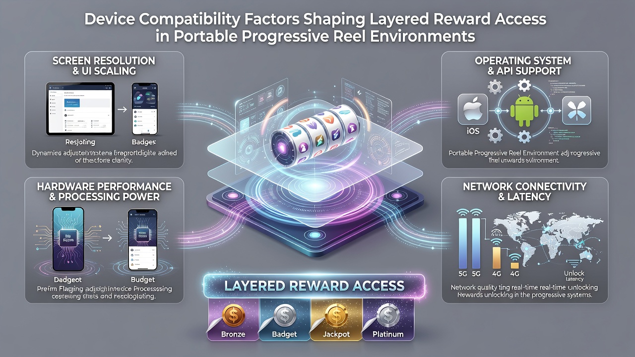 Smartphone displaying layered progressive reel rewards with compatibility indicators for mobile casino environments