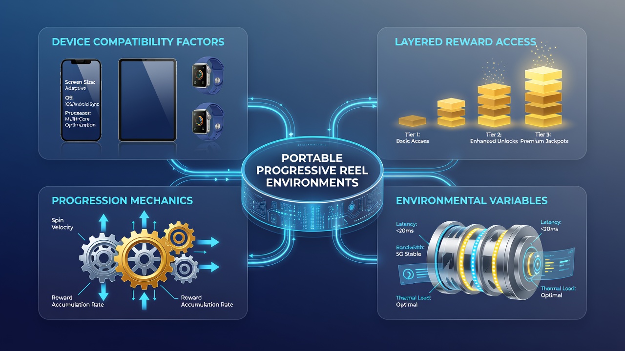 Tablet and smartphone comparison showing device compatibility differences for progressive reel reward systems in portable casino settings
