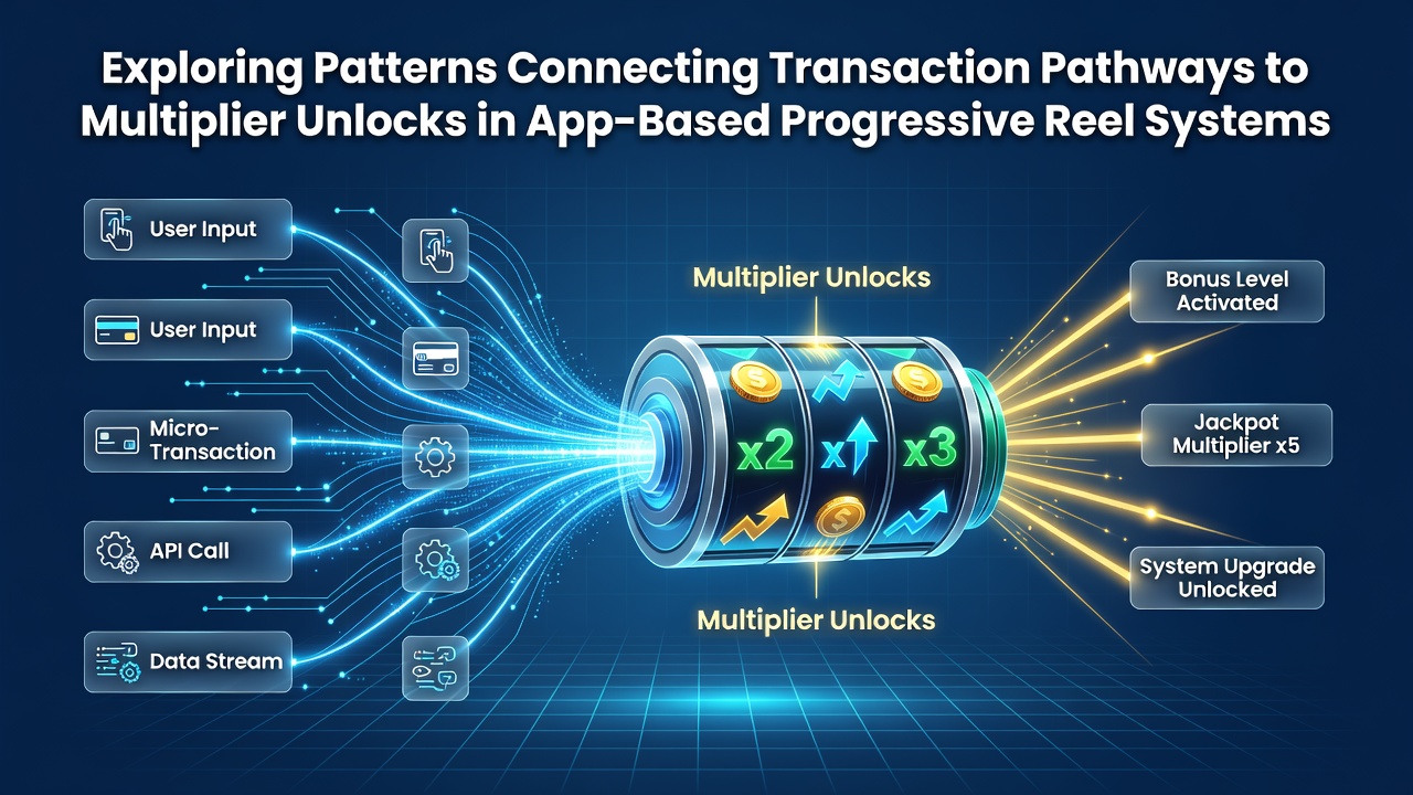 Mobile app interface showing progressive reel slots with transaction pathway indicators and multiplier unlock indicators