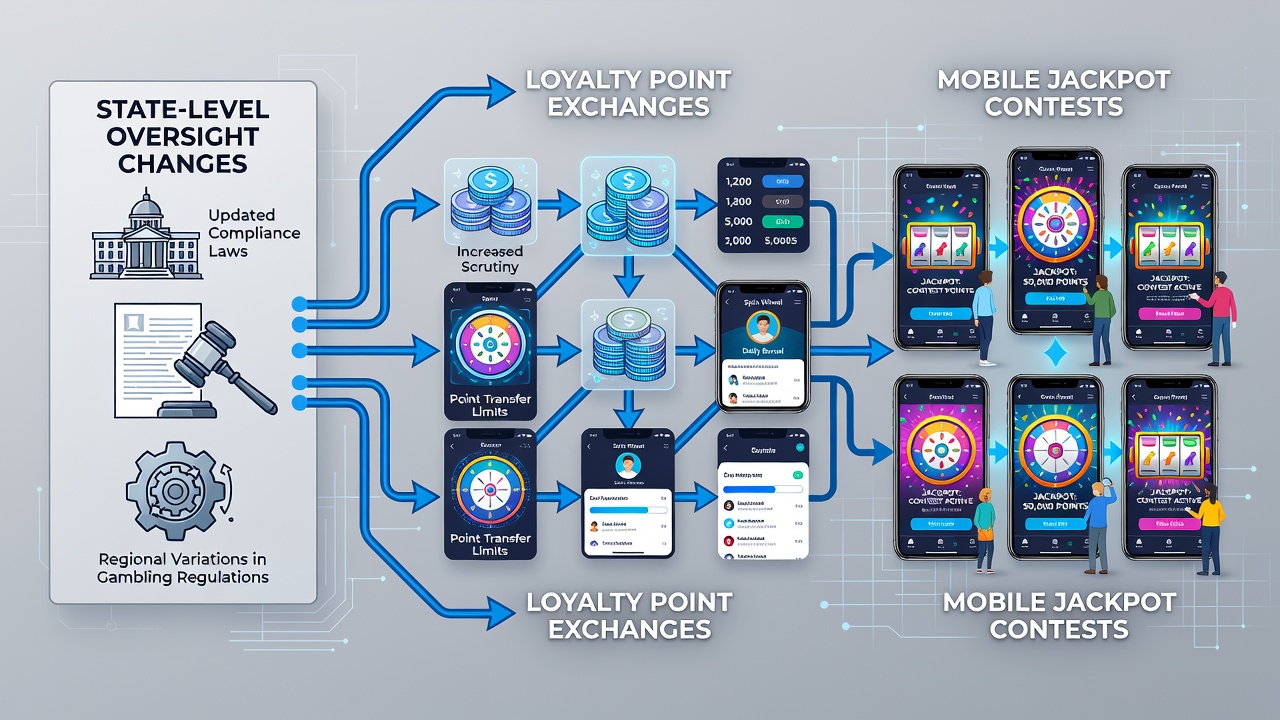 Mobile device displaying jackpot contest interface with loyalty point balance and exchange options
