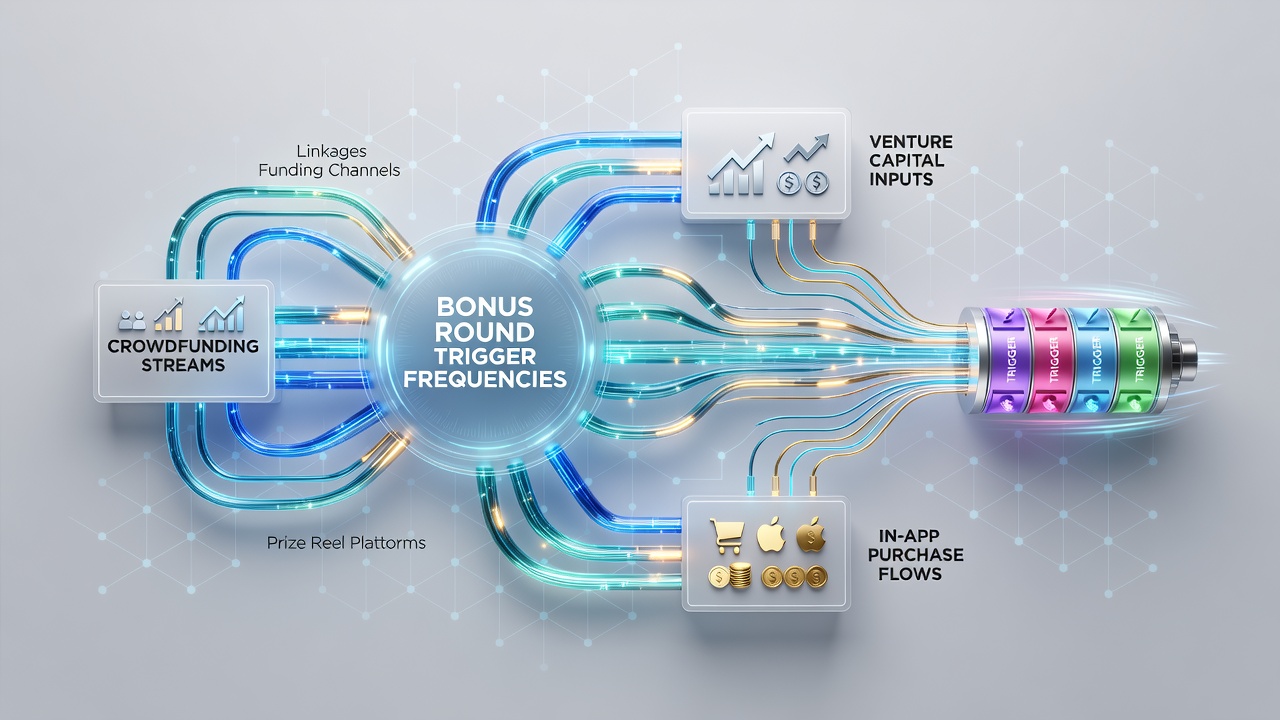 Illustration of funding channels connecting to bonus round mechanisms in mobile prize reel applications