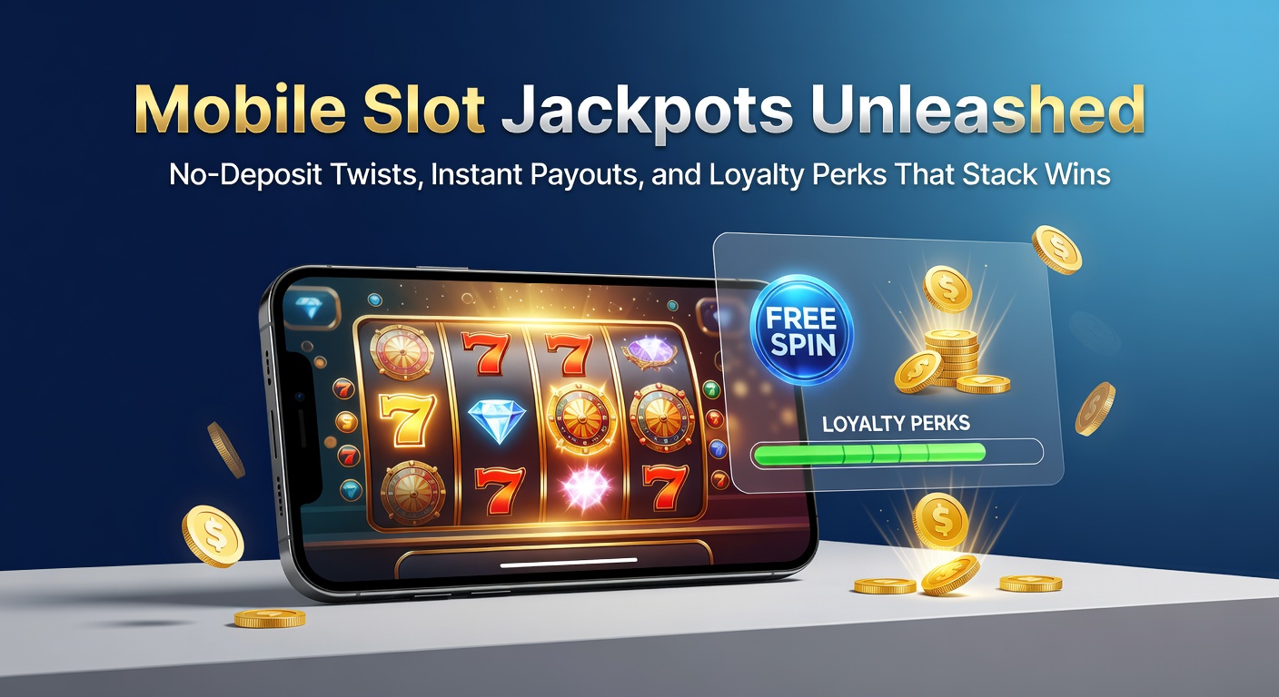 Vibrant mobile slot screen showing jackpot explosion with no-deposit bonus icons and loyalty rewards stacking up