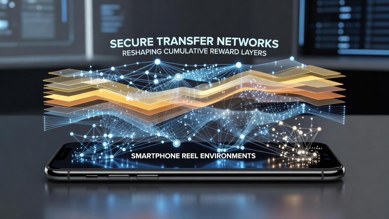 Smartphone reel interface displaying layered rewards connected to secure payment pathways