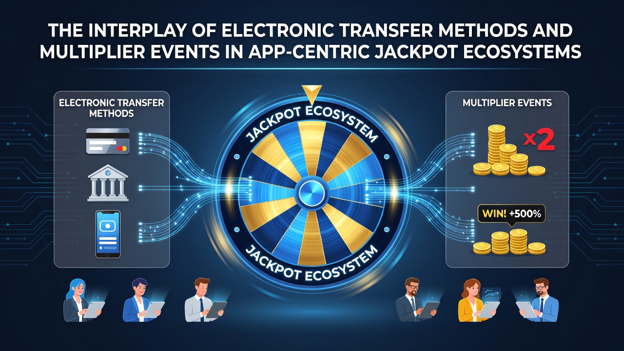 Illustration of mobile app jackpot interfaces showing electronic transfers linking to multiplier triggers in real time