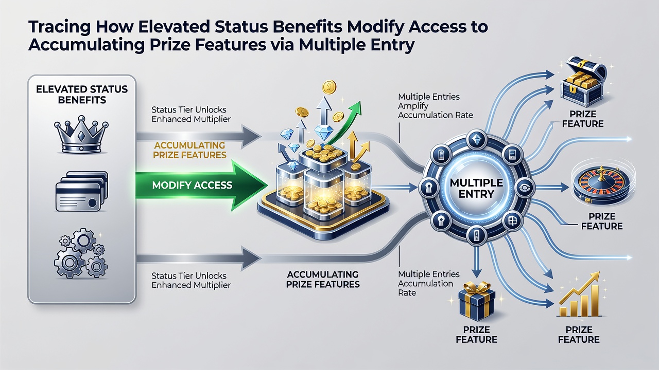 Diagram illustrating multiple entry points into progressive prize systems with status-based access modifiers
