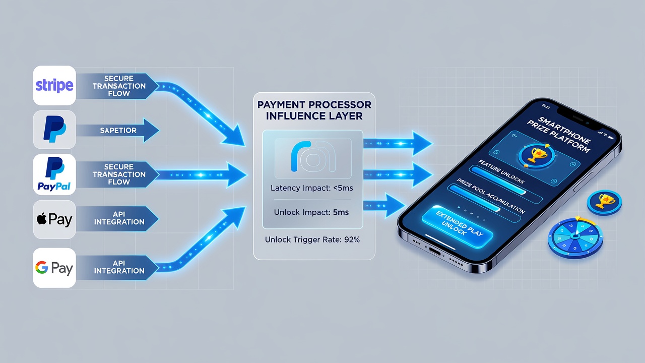 Diagram showing data flow from payment processor APIs to smartphone prize accumulation ledgers and extended play unlock triggers