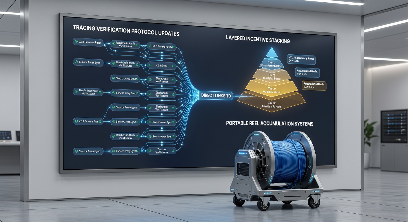 Diagram showing verification protocol layers connecting to incentive structures in portable reel systems